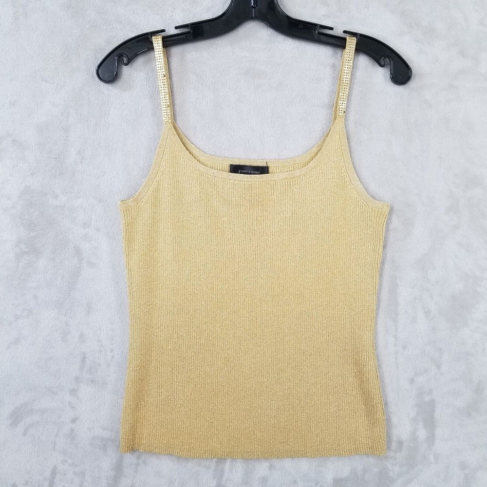 Pointelle Tank Top Women L Gold Metallic Silk Embellished Occasion Mob Wife